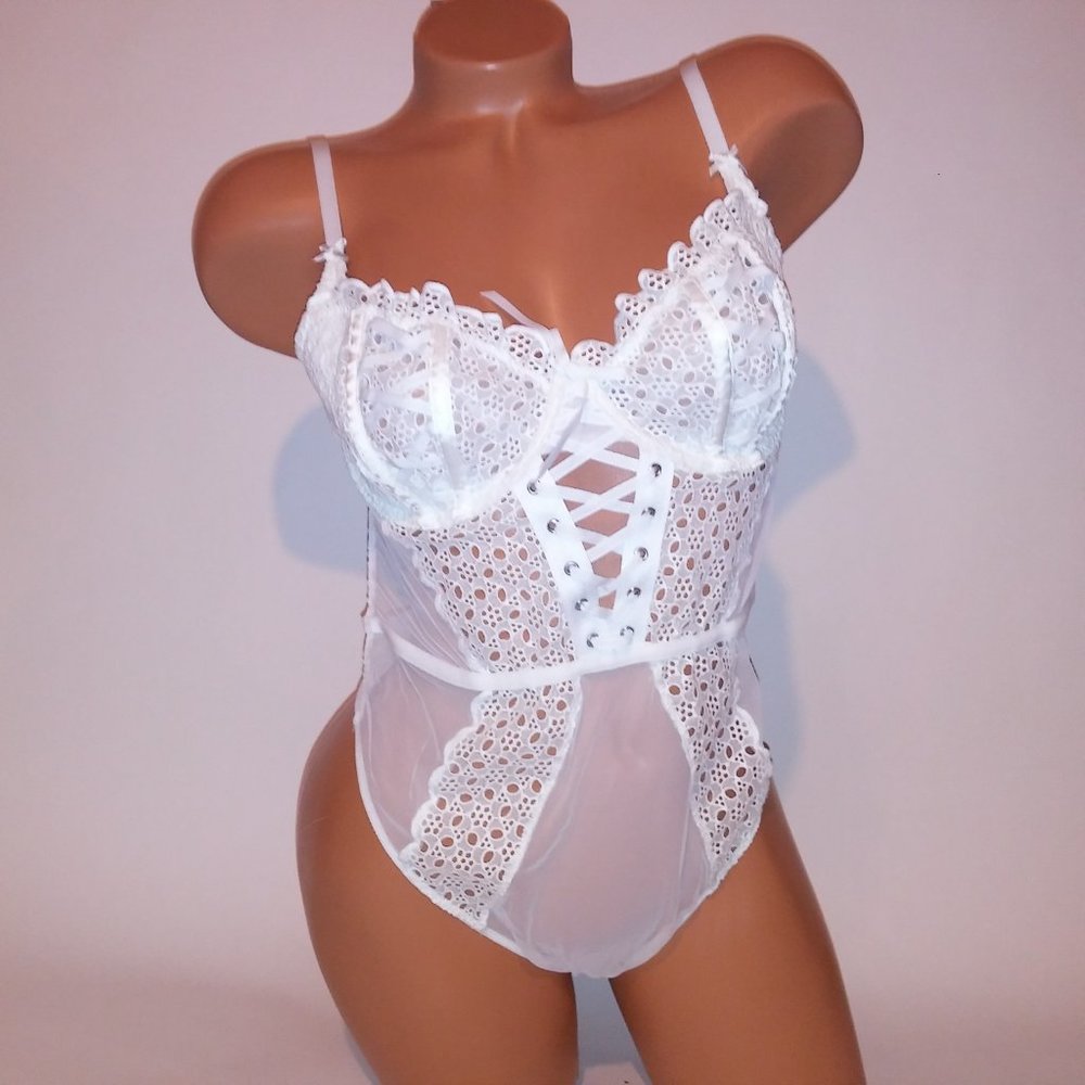 Victoria Secret Lingerie Teddy One Piece Bodysuit White Eyelet Sheer Thong‎ Back - Picture 3 of 16